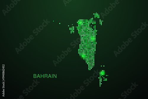 Bahrain Map - Digital dotted map with glowing green points on dark background, modern technology style, abstract data network design, clean minimal geometric vector illustration.