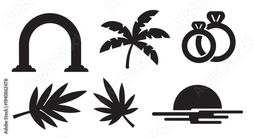 Collection of tropical wedding icons including arch, palm trees, and rings in vector graphic design style