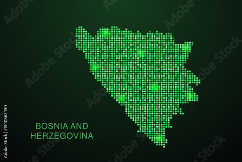 Bosnia and Herzegovina Map - Digital dotted map with glowing green points on dark background, modern technology style, abstract data network design, clean minimal geometric vector illustration.