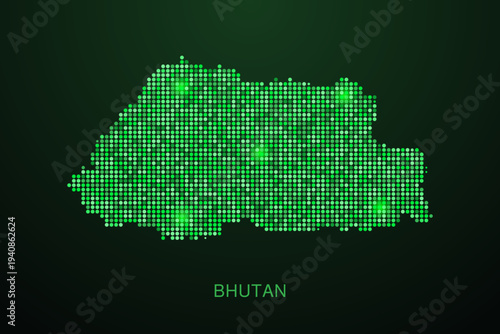 Bhutan Map - Digital dotted map with glowing green points on dark background, modern technology style, abstract data network design, clean minimal geometric vector illustration.