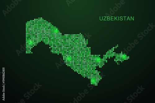 Uzbekistan Map - Digital dotted map with glowing green points on dark background, modern technology style, abstract data network design, clean minimal geometric vector illustration.