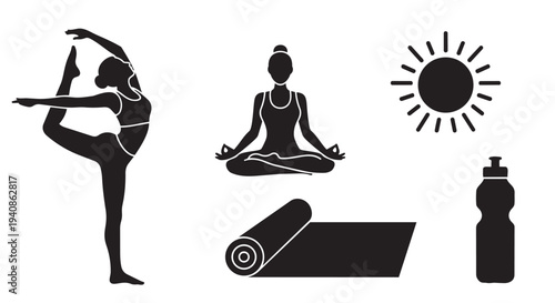 Yoga practice illustration with meditation pose, fitness silhouette, and wellness elements vector graphic design