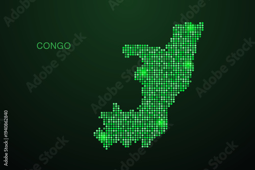 Congo Map - Digital dotted map with glowing green points on dark background, modern technology style, abstract data network design, clean minimal geometric vector illustration.