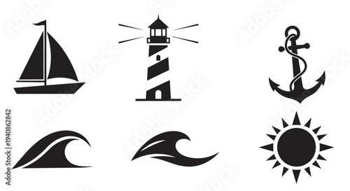 Nautical Elements Vector Illustration Set Featuring Lighthouse, Anchor, Sailboat, Waves, and Sun Symbols