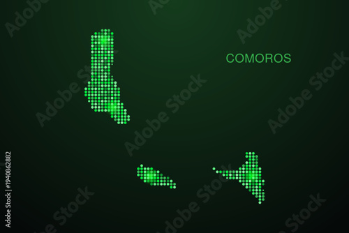 Comoros Map - Digital dotted map with glowing green points on dark background, modern technology style, abstract data network design, clean minimal geometric vector illustration.
