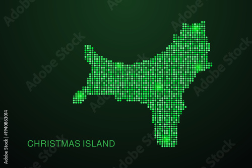 Christmas Island Map - Digital dotted map with glowing green points on dark background, modern technology style, abstract data network design, clean minimal geometric vector illustration.
