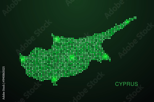 Cyprus Map - Digital dotted map with glowing green points on dark background, modern technology style, abstract data network design, clean minimal geometric vector illustration.