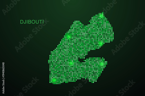 Djibouti Map - Digital dotted map with glowing green points on dark background, modern technology style, abstract data network design, clean minimal geometric vector illustration.