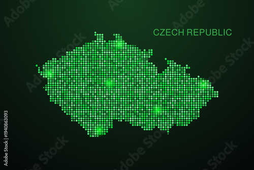 czech republic Map - Digital dotted map with glowing green points on dark background, modern technology style, abstract data network design, clean minimal geometric vector illustration.