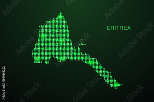 Eritrea Map - Digital dotted map with glowing green points on dark background, modern technology style, abstract data network design, clean minimal geometric vector illustration.