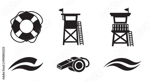 Beach safety vector illustration set with lifeguard towers and rescue equipment symbols