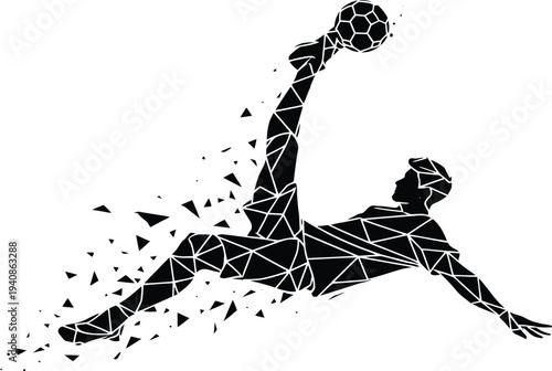 Dynamic black geometric soccer player silhouette vector performing bicycle kick with abstract fragments