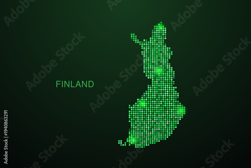 Finland Map - Digital dotted map with glowing green points on dark background, modern technology style, abstract data network design, clean minimal geometric vector illustration.