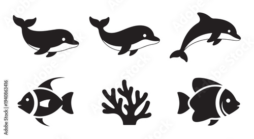 Vector illustration set of marine animals including dolphins fish and coral on white background design