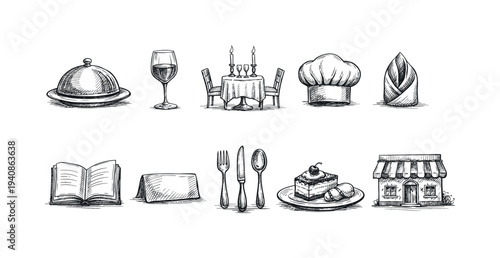 Dining and cuisine icon set. restaurant, food, culinary icons outline style collection