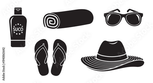 Summer accessories collection vector illustration featuring sunglasses hat flip flops and sunscreen