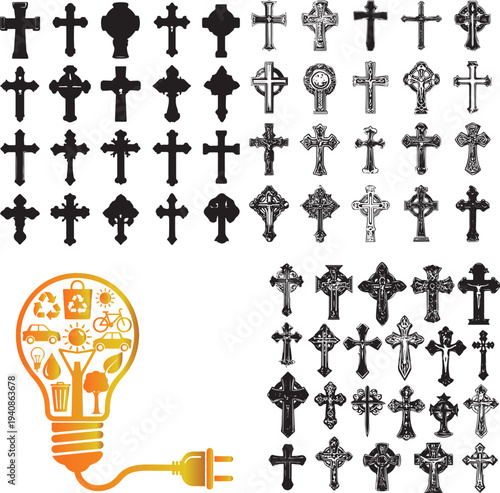 Creative cross and religious symbols collection with lightbulb idea vector illustration