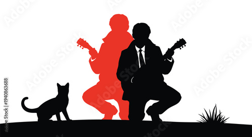 Man playing guitar with cat nearby in silhouette.