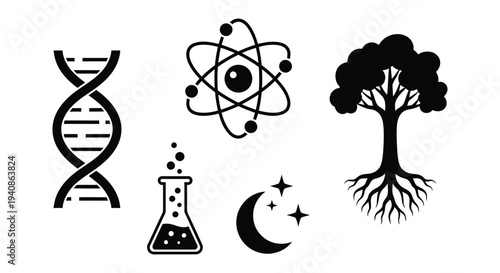 Science and Nature Symbols in Simple Black Line Art.