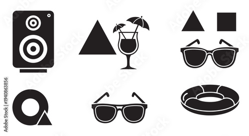 Summer vacation travel icons set vector illustration with sunglasses and tropical elements