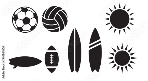 Vector illustration set of sports equipment and summer symbols for recreational activities