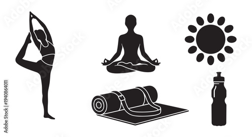 Yoga vector illustration set including poses, accessories, and wellness elements for fitness and relaxation designs