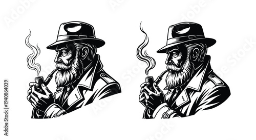 Vintage black and white illustration of a bearded man smoking a cigar.
