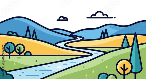 Serene Cartoon Landscape with River and Rolling Hills.