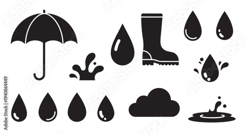 Collection of rain weather vector graphic illustrations featuring umbrella, rain boots, and rain drops icons set