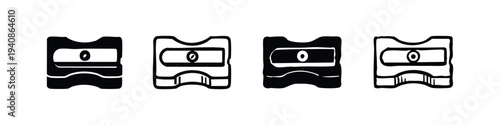 Hand-drawn doodle style pencil sharpeners icon set, black and white vector illustration.