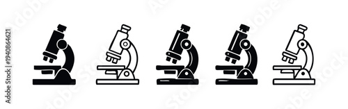 Hand-drawn doodle style microscope icon set, black and white vector for scientific research.