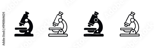 Hand-drawn doodle style laboratory microscope icon set, black and white vector for biology and research.