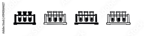 Hand-drawn doodle style laboratory test tubes in a rack icon set, vector for science and medicine.