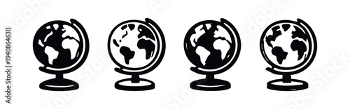 Hand Drawn Globe Icons Set. Sketch Style World Map Vectors, Earth Planet Doodle Symbols for Education and Travel