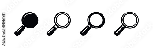 Magnifying Glass Icons Collection. Search and Zoom Vector Symbols, Loupe Tool Flat Illustrations in Black and White