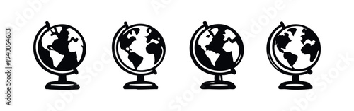Earth Globe Icons Set. World Map Vector Illustration with Global Planet Education Symbols in Simple Black and White Style