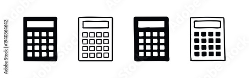 Basic Calculator Icons Set. Digital Accounting Device Vectors, Math Tool Flat Symbols in Simple Black and White Style