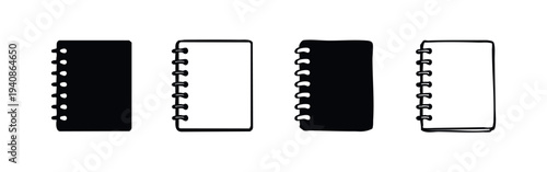 Hand-drawn Spiral Notebook Icons Set. Doodle Black and White Notepads Collection with Ring Binders.