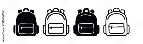 Hand-drawn Backpack Icons Set. Doodle Black and White Travel Rucksack Collection for School and Leisure.