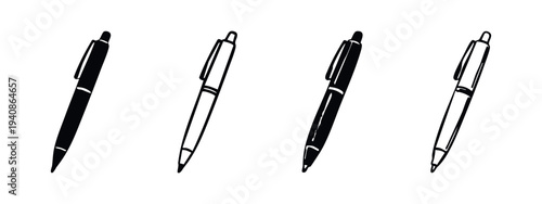 Hand-drawn Pen Icons Set. Doodle Black and White Ballpoint Pens Collection for Writing and Sketching.