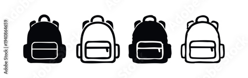 Hand-drawn Backpack Icons Set. Doodle Black and White School Bag Collection with Rucksack Symbols.