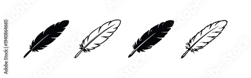 Hand-drawn Feather Icons Set. Doodle Bird Plume Collection. Black and White Sketchy Feather Symbols.