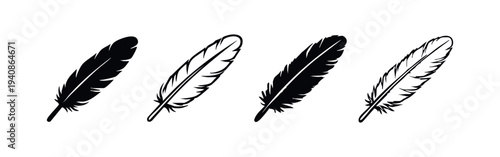 Hand-drawn Feather Outline and Silhouette Icons. Doodle Plume Symbol Set. Elegant Bird Feather Elements.