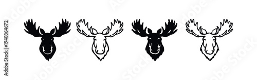 Moose head silhouette and outline vector illustrations set