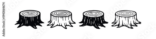Tree stump silhouette and outline vector illustrations with roots