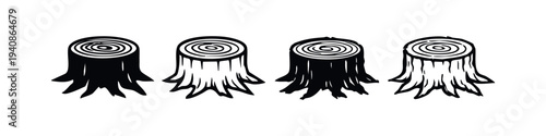 Hand drawn tree stump silhouette and outline illustrations