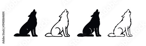 Howling wolf silhouette and outline vector illustrations set