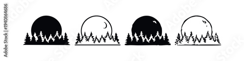 Collection of stylized forest and mountain landscapes with evergreen trees and moon, in solid and outline black and white.