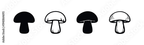 Set of simple common mushroom icons in various black and white solid and outline styles.