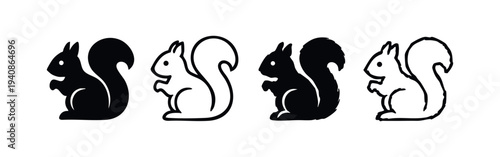 Set of sitting squirrel icons in black and white solid and outline styles, featuring various textures.